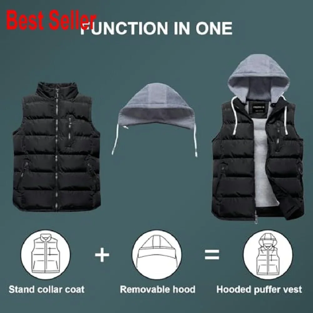 Men's Quilted Puffer Vest Removable Hood Windproof Waterproof Outdoor Winter